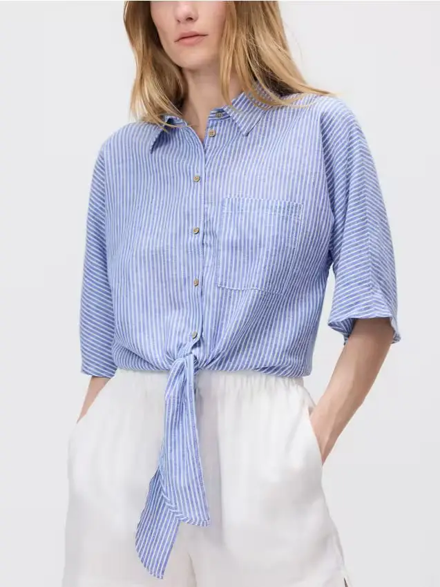Camicia in misto lino fantasia - blu
