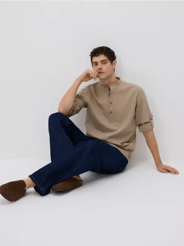 Camicia regular fit in misto lino - beige