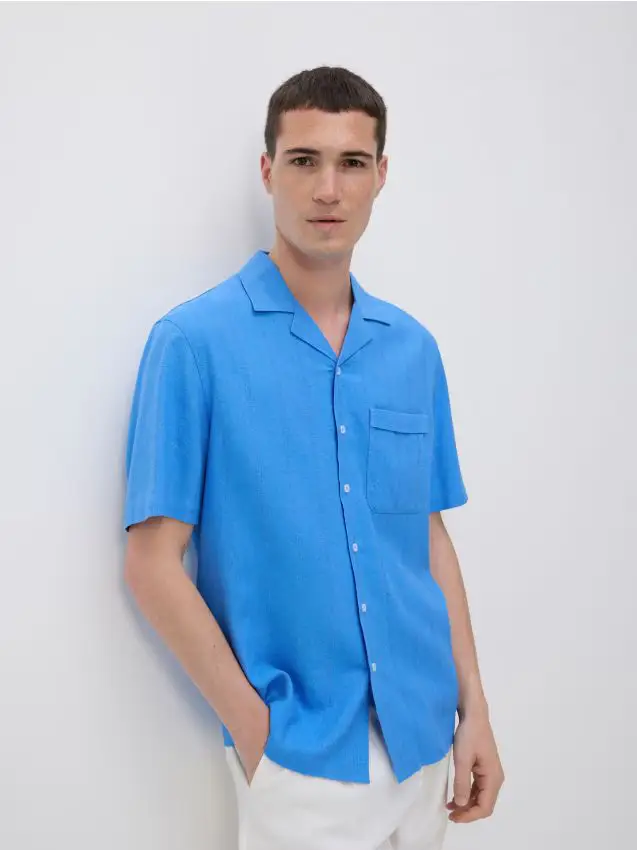 Camicia regular fit in misto lino - blu