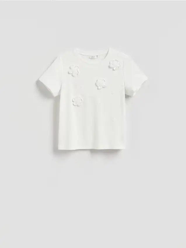 Camiseta con applicazione floreale - panna