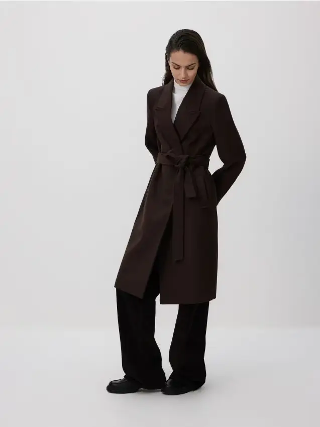 Cappotto con cintura da annodare - marrone scuro