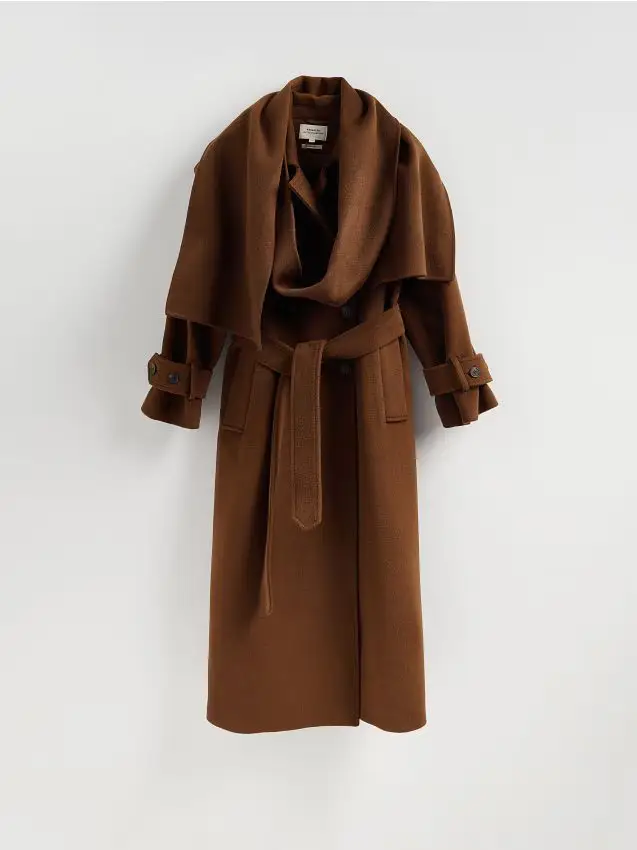 Cappotto in lana con sciarpa - marrone dorato