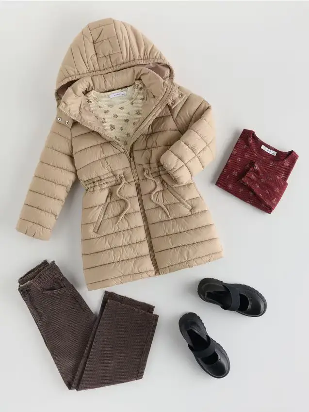 Cappotto lungo trapuntato con cappuccio - beige