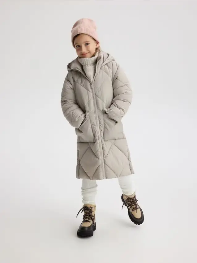 Cappotto lungo trapuntato con cappuccio - beige