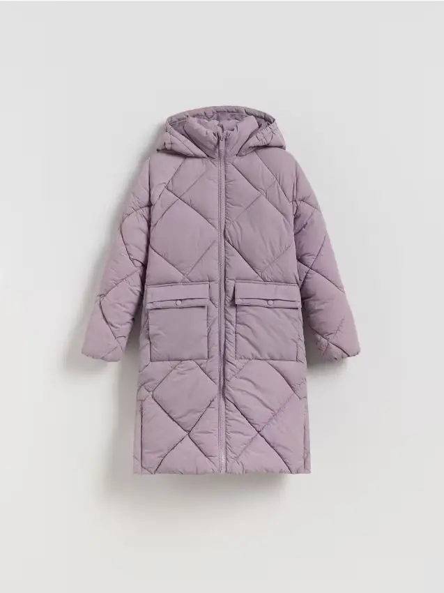 Cappotto lungo trapuntato con cappuccio - lavanda