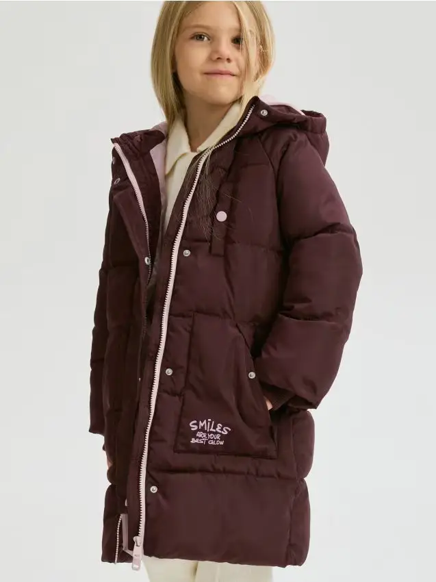 Cappotto lungo trapuntato con cappuccio - maroon