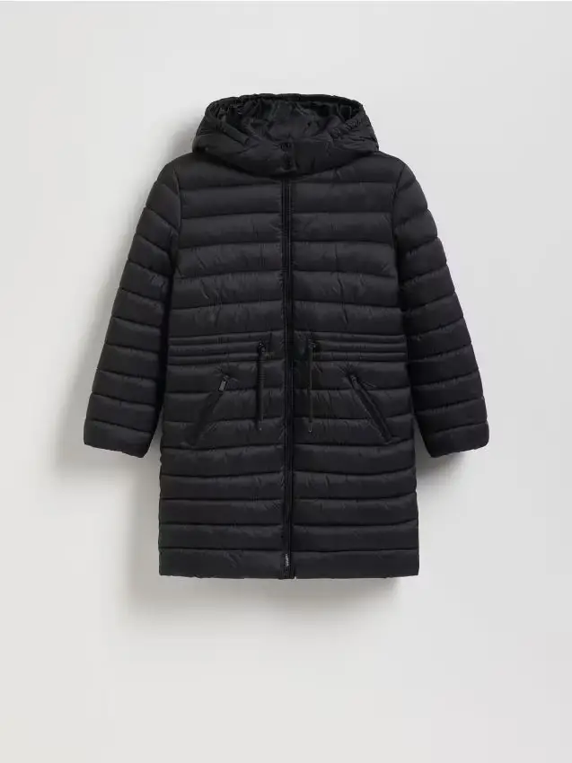 Cappotto lungo trapuntato con cappuccio - nero