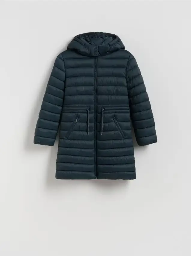 Cappotto lungo trapuntato con cappuccio - verde polveroso