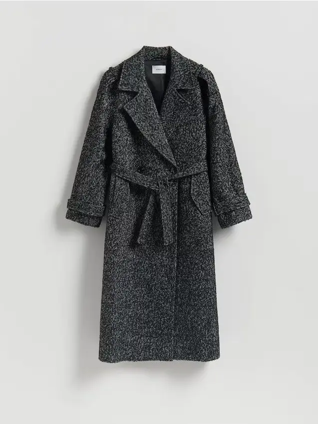 Cappotto misto lana con cintura da annodare - nero