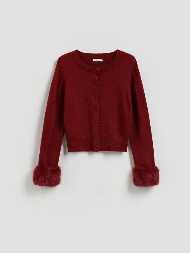 Cardigan con polsini in pelliccia sintetica - carminio