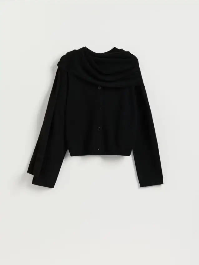 Cardigan con sciarpa in lana - nero