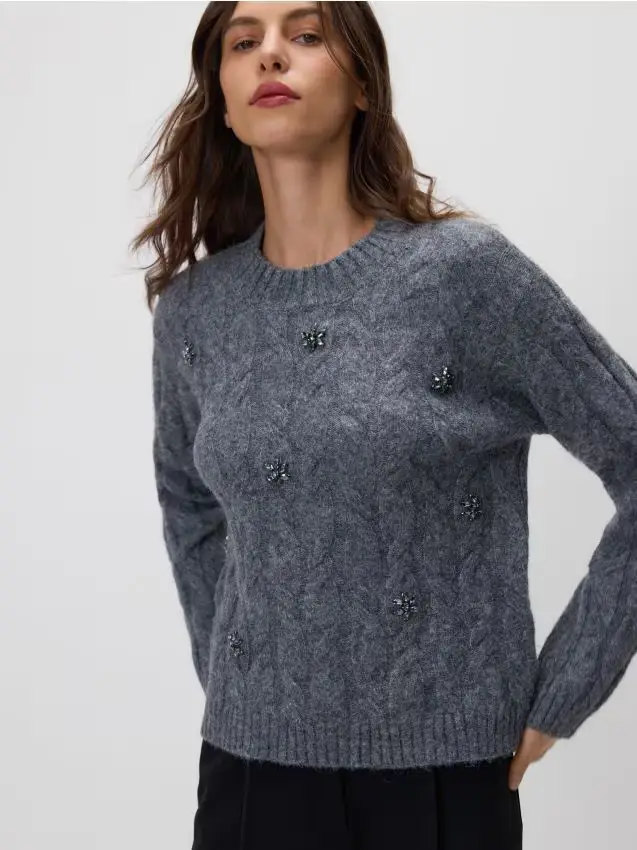 Felpa con applicazione brillante - grigio medio