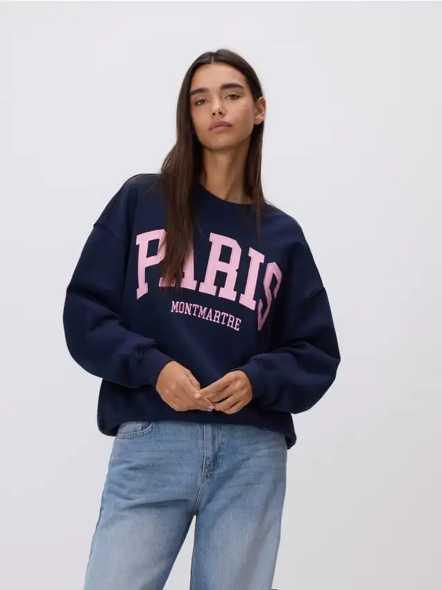 Felpa con cappuccio con slogan ricamato - blu scuro