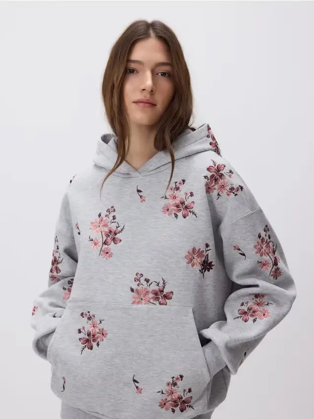 Felpa con cappuccio e motivo ricamato - grigio chiaro