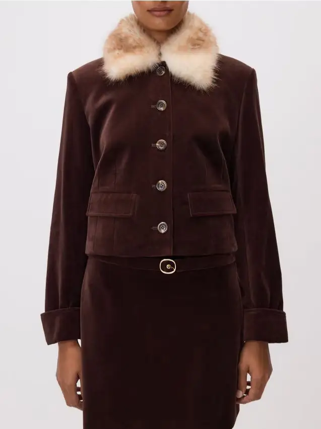 Giacca con colletto in ecopelliccia - marrone scuro