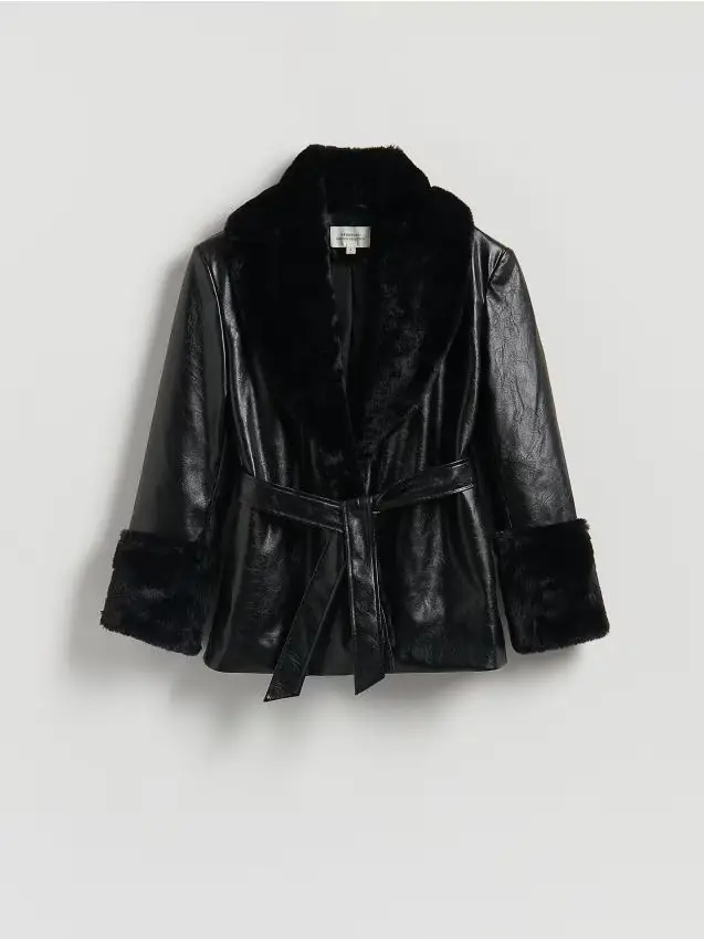 Giacca con colletto in pelliccia ecologica - nero
