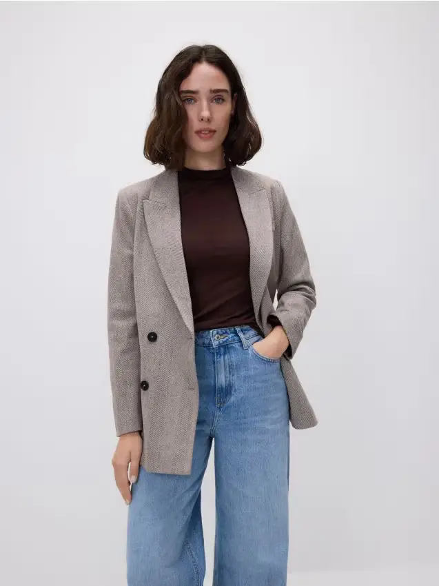 Giacca doppiopetto in spina di pesce - caffè