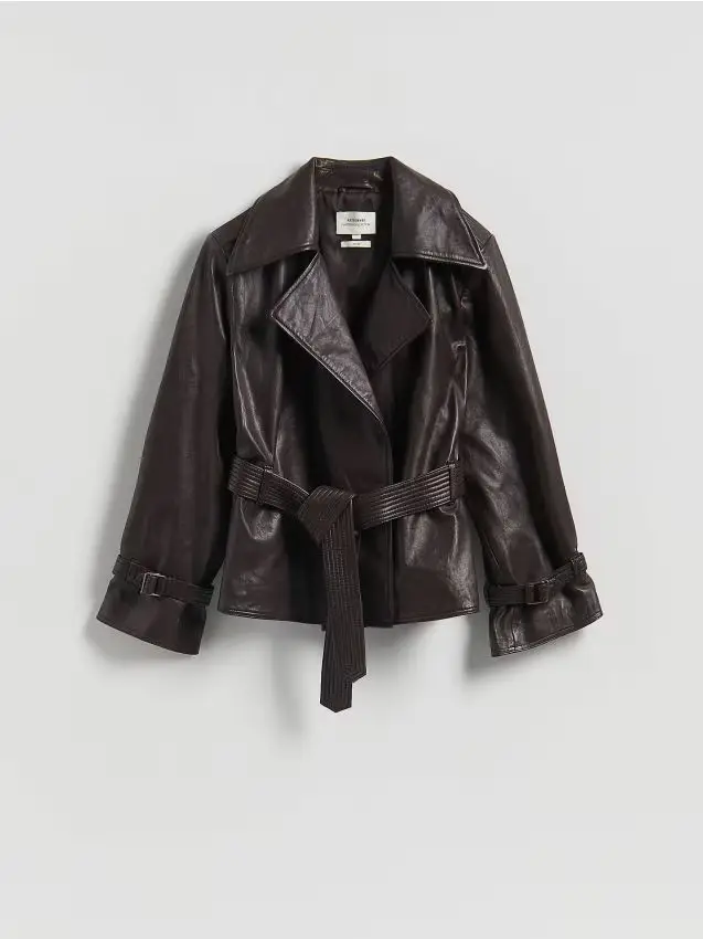 Giacca in pelle con colletto - marrone scuro