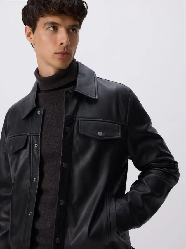 Giacca in pelle con colletto - nero