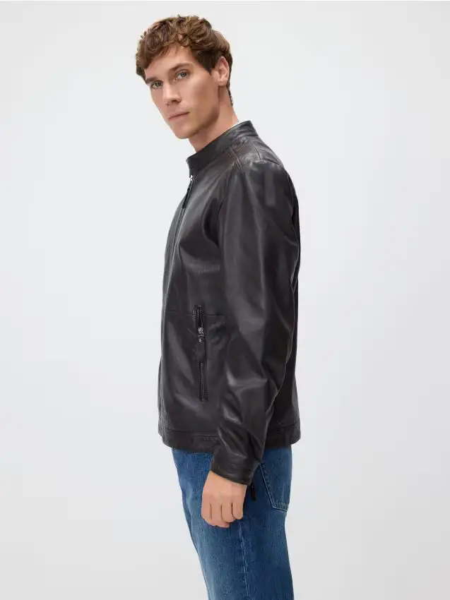 Giacca in pelle con colletto rigido - marrone scuro