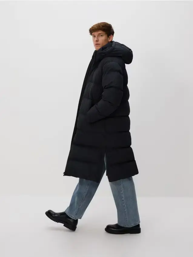 Giacca lunga trapuntata con cappuccio - nero