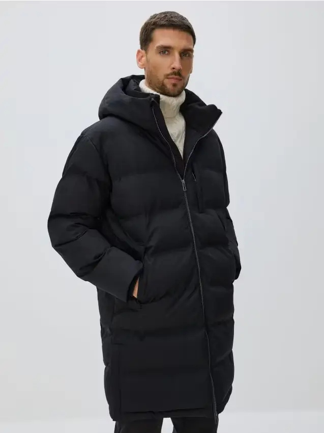 Giacca lunga trapuntata con cappuccio - nero