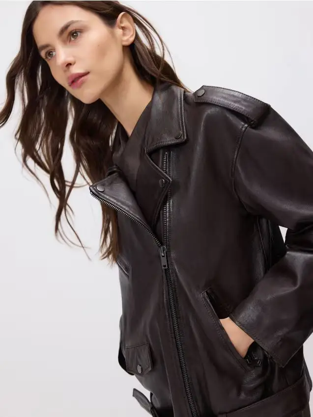 Giacca stile biker in misto pelle - marrone scuro