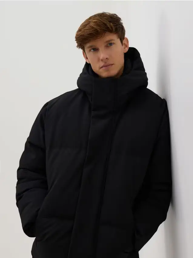 Giaccone trapuntato con cappuccio - nero