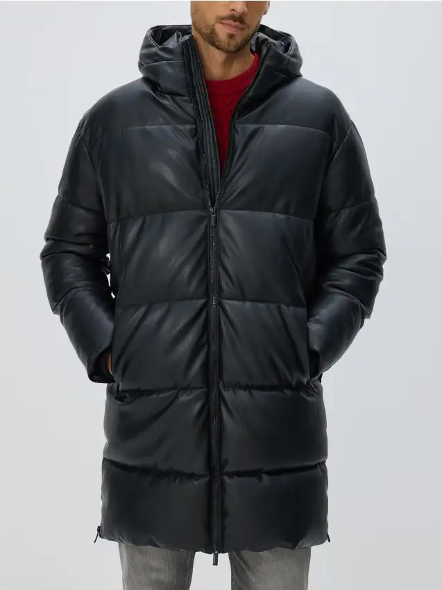 Giaccone trapuntato con cappuccio - nero