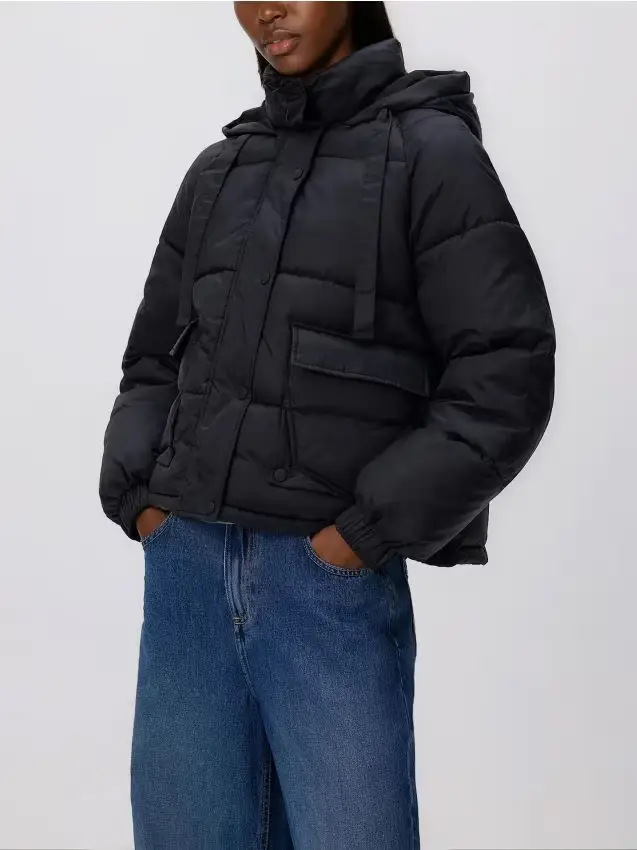 Giaccone trapuntato con cappuccio - nero