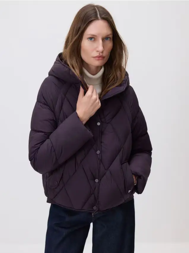 Giaccone trapuntato con cappuccio - viola acciaio