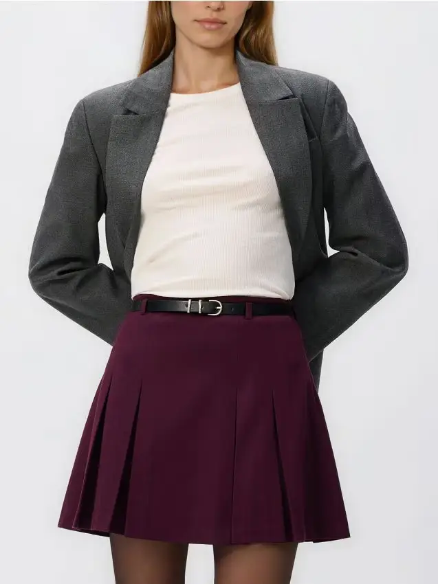 Gonna a pieghe con cintura - maroon