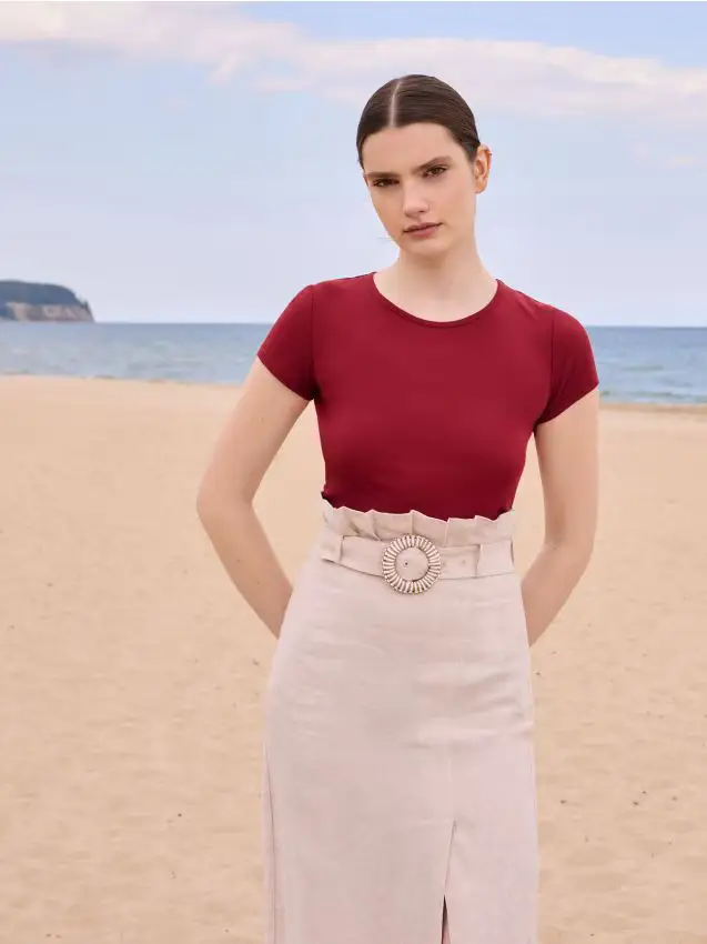 Gonna in lino con cintura - beige