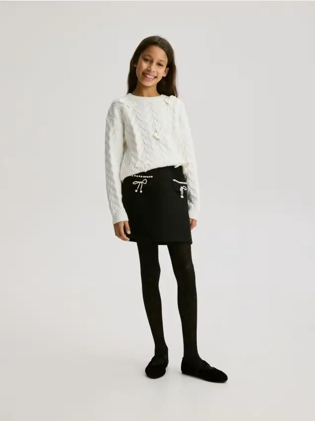 Gonna in tweed con applicazioni - nero