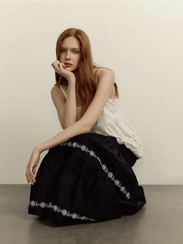 Gonna maxi con ricamo decorativo - nero