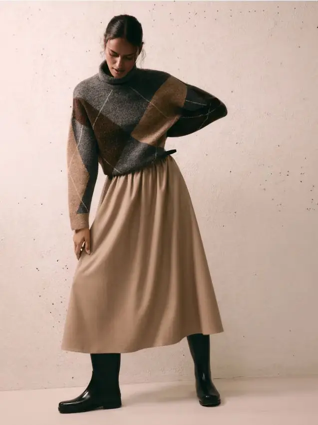 Gonna midi con cintura - beige