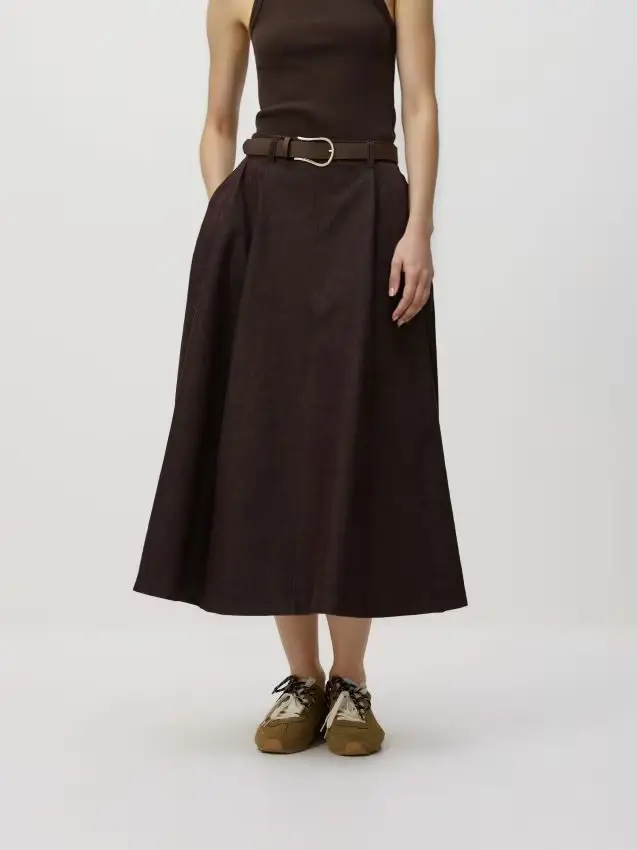 Gonna midi con cintura - marrone