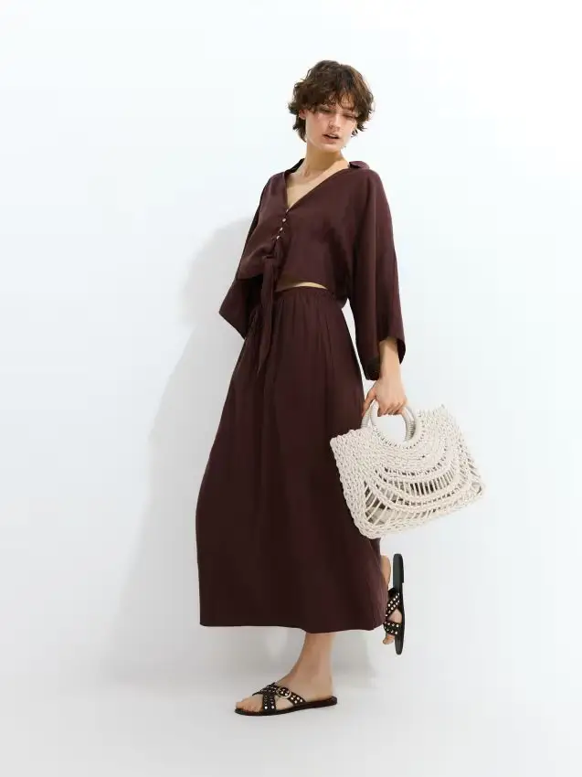 Gonna midi in misto lino - marrone scuro
