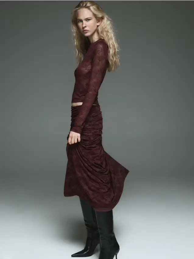 Gonna midi in pizzo - maroon