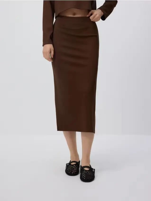 Gonna midi misto viscosa - marrone scuro