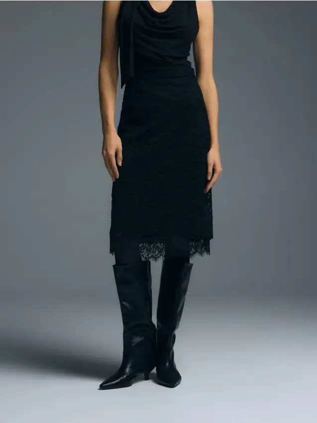 Gonna midi strutturata con pizzo - nero