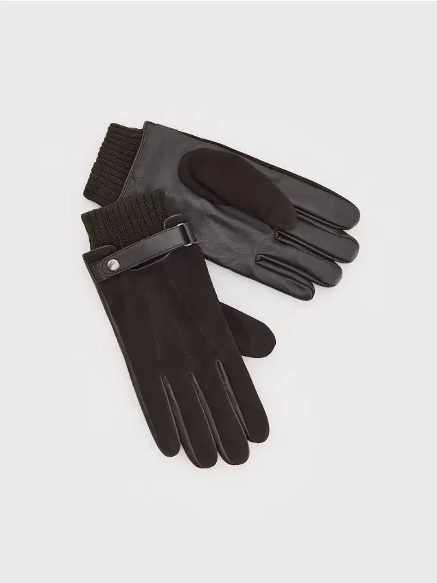 Guanti in pelle con materiali misti - marrone scuro