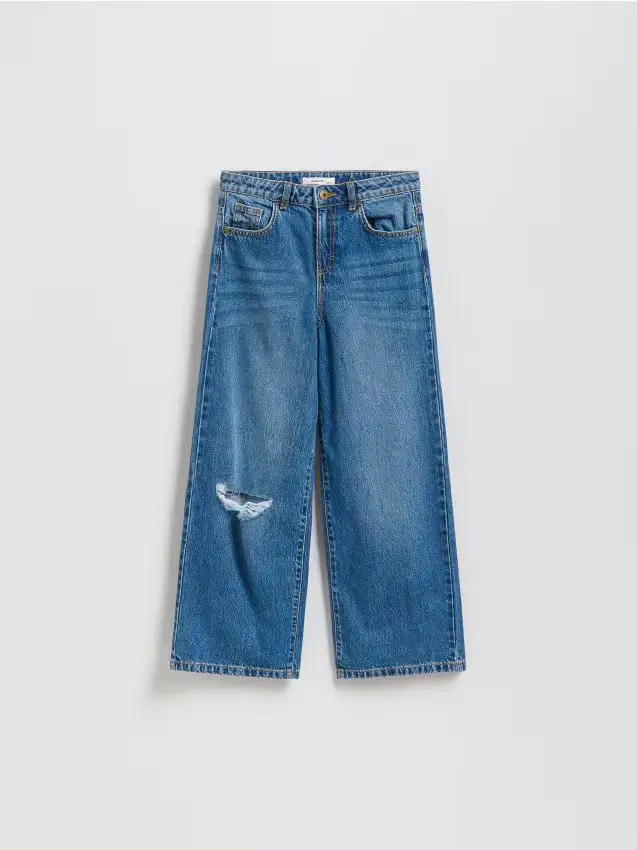 Jeans a gamba larga con effetto consumato - blu