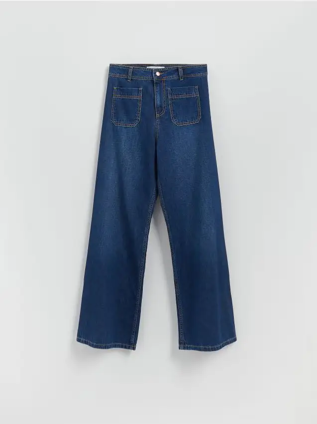 Jeans a gamba larga con tasche applicate - blu