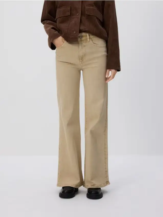 Jeans flare a vita alta - beige