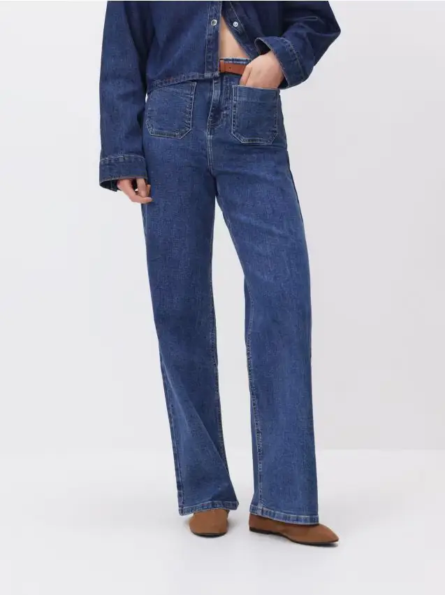 Jeans wide leg con cintura - blu
