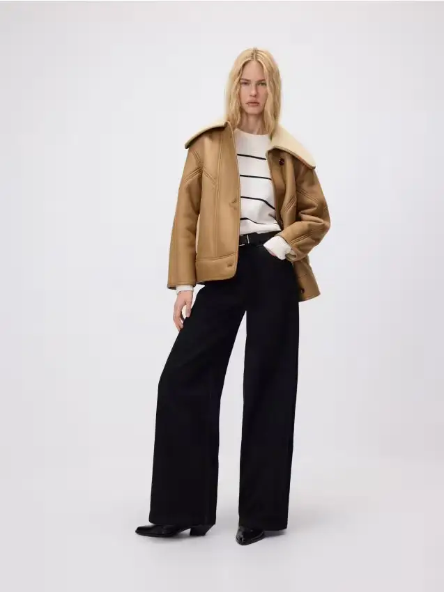 Jeans wide leg con misto lana - nero