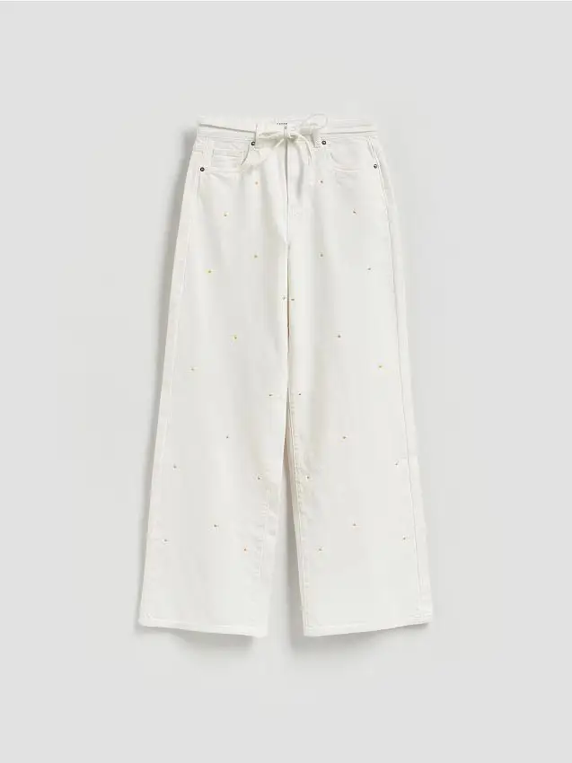 Jeans wide leg con ricamo - bianco