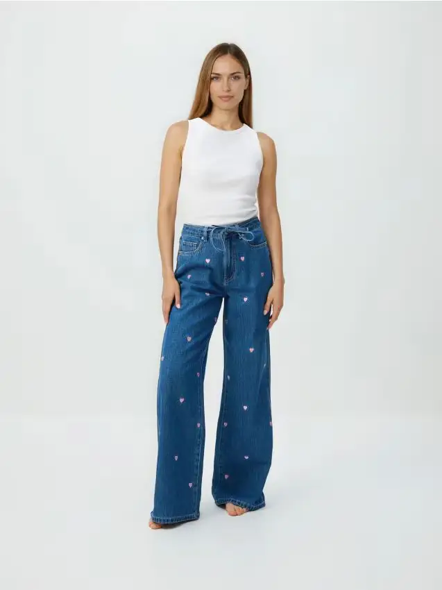 Jeans wide leg con ricamo - blu