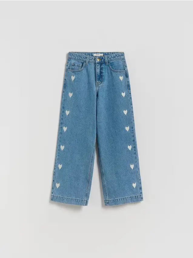 Jeans wide leg con ricamo - blu